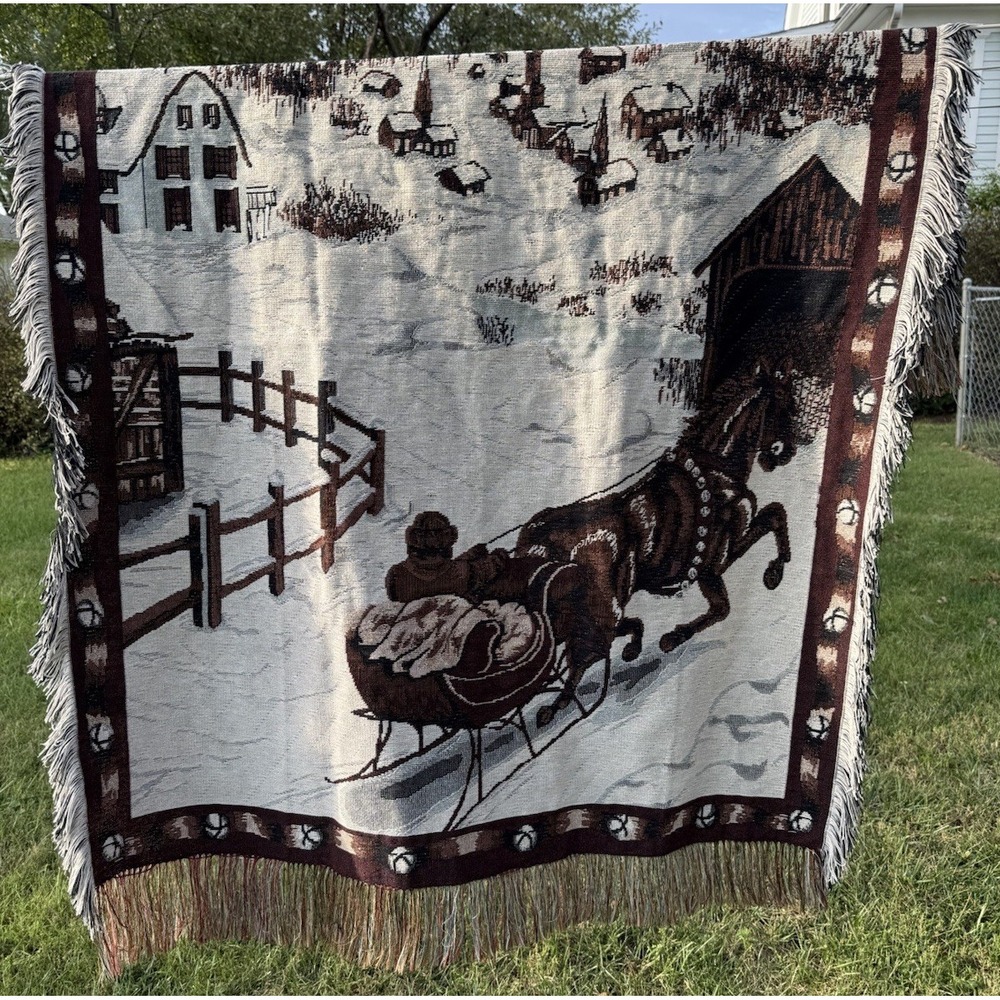 Granny core Winter Tapestry Horse & Buggy Scene Sleigh Christmas Throw Blanket
